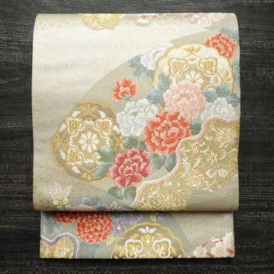 袋帯 六通柄 良品 フォーマル用 正絹 花柄 リサイクル帯 帯 金糸 入学式 卒業式 結婚式 七五三 パーティー お宮参り フォーマル ベージュ
