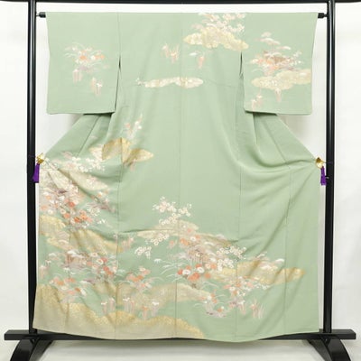 訪問着 正絹 風景柄 袷仕立て 身丈157.5cm 裄丈63.5cm リサイクル着物 着物 箔 共八掛 入学式 卒業式 七五三 お宮参り フォーマル 緑・うぐいす色