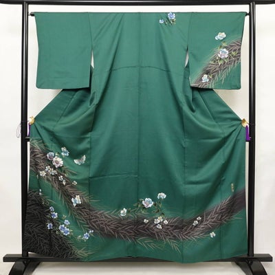 訪問着 正絹 花柄 袷仕立て 身丈157.5cm 裄丈65.5cm リサイクル着物 着物 箔 緑・うぐいす色