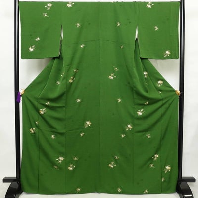 小紋 正絹 花柄 袷仕立て 身丈168.5cm 裄丈69cm リサイクル着物 着物 緑・うぐいす色