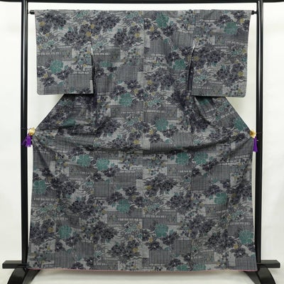 紬 正絹 木の葉・植物柄 袷仕立て 身丈165.5cm 裄丈65cm リサイクル着物 着物 紫・藤色