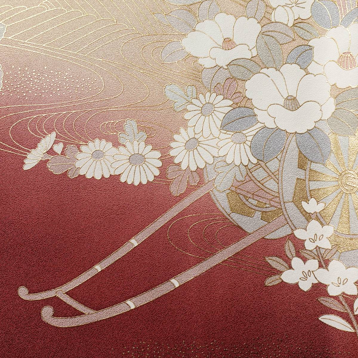 訪問着 正絹 風景柄 袷仕立て 身丈158cm 裄丈65.5cm リサイクル着物 着物 金彩 入学式 卒業式 結婚式 七五三 お宮参り フォーマル 御所車 萩 菊 赤・朱_画像8
