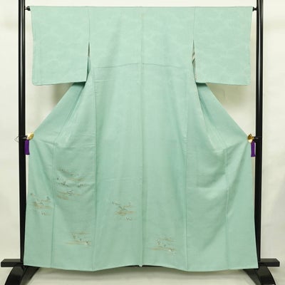 付け下げ 良品 しつけ糸付き 一つ紋付き 正絹 木の葉・植物柄 袷仕立て 身丈159cm 裄丈64.5cm リサイクル着物 着物 刺繍 金糸 入学式 卒業式 結婚式 七五三 お宮参り フォーマル 緑・うぐいす色