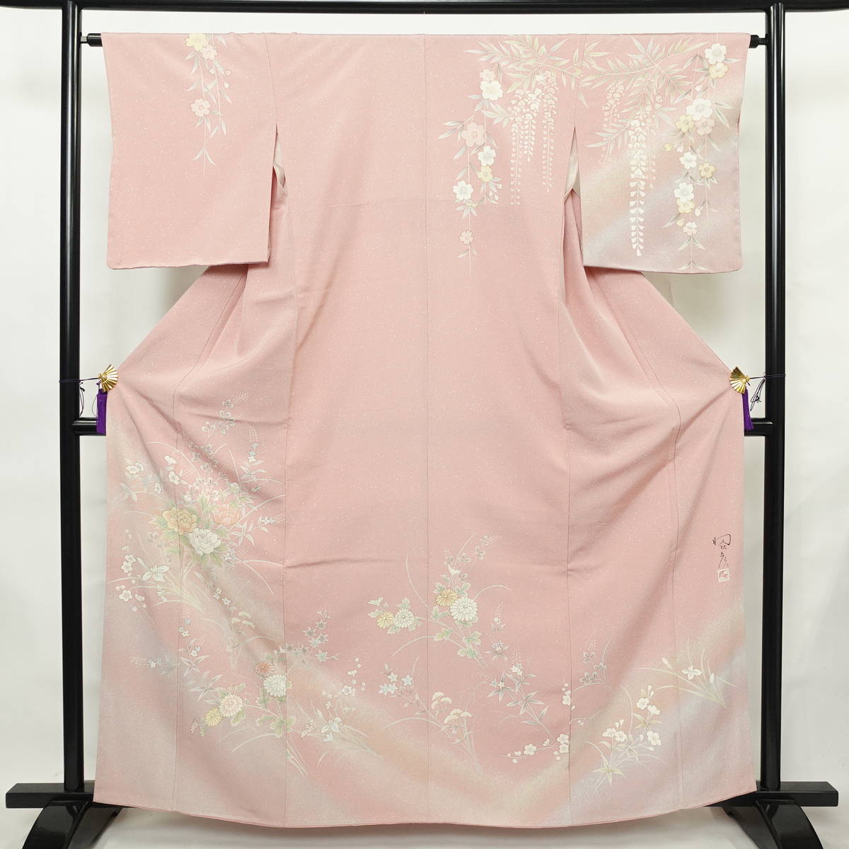 訪問着 伊達襟付き 落款入り しつけ糸付き 正絹 花柄 袷仕立て 身丈162cm 裄丈64cm リサイクル着物 着物 作家物 金彩 入学式 結婚式 七五三 お宮参り フォーマル ピンク_画像1