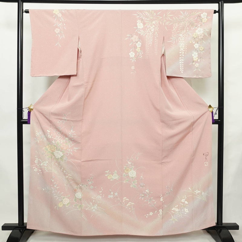 訪問着 伊達襟付き 落款入り しつけ糸付き 正絹 花柄 袷仕立て 身丈162cm 裄丈64cm リサイクル着物 着物 作家物 金彩 入学式 結婚式 七五三 お宮参り フォーマル ピンク_画像1