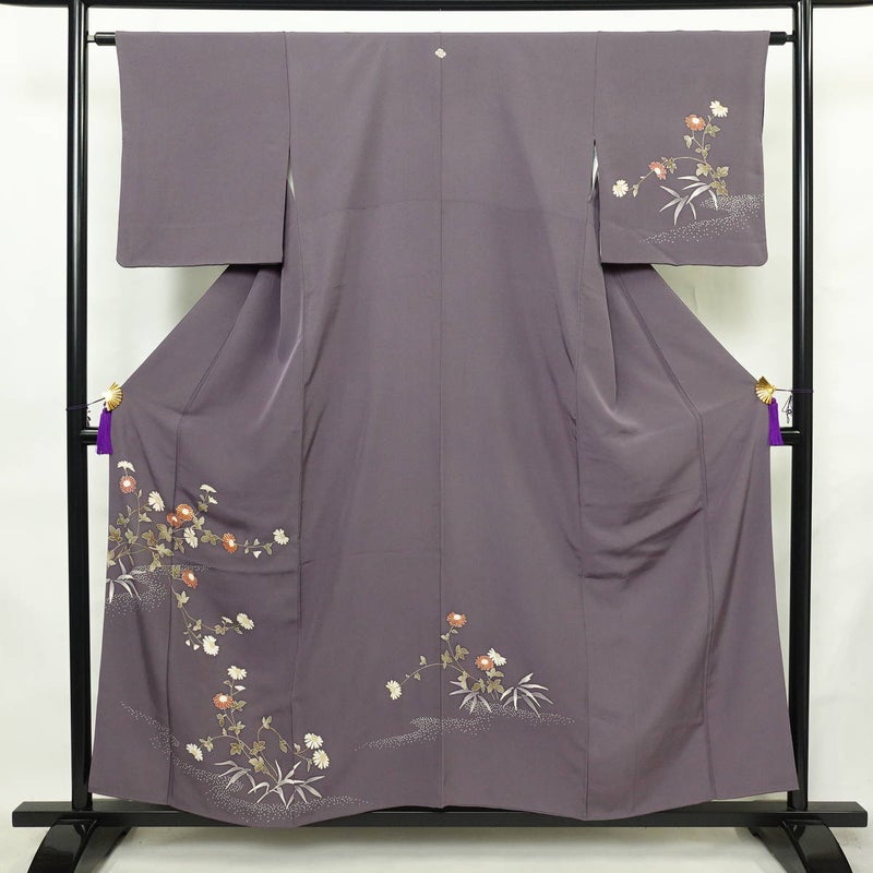 付け下げ 一つ紋付き 正絹 花柄 袷仕立て 身丈156cm 裄丈63cm 金駒刺繍 リサイクル着物 着物 金彩 入学式 七五三 お宮参り フォーマル 紫・藤色_画像1