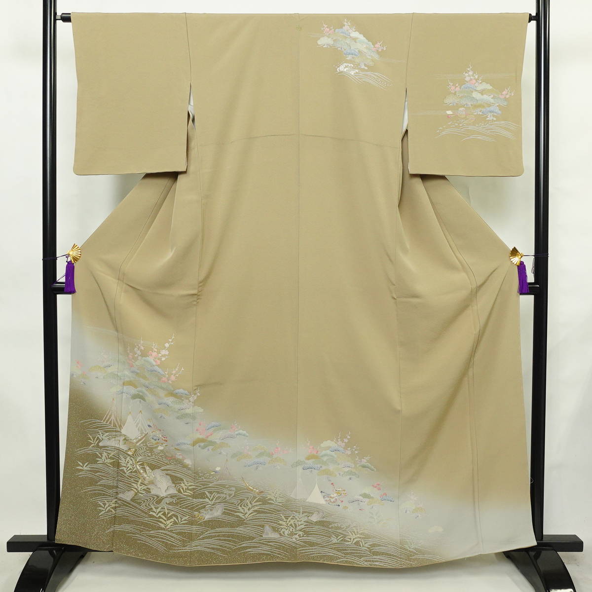 訪問着 一つ紋付き 正絹 古典柄 袷仕立て 身丈161.5cm 裄丈64.5cm リサイクル着物 着物 金彩 入学式 七五三 お宮参り フォーマル ベージュ_画像1