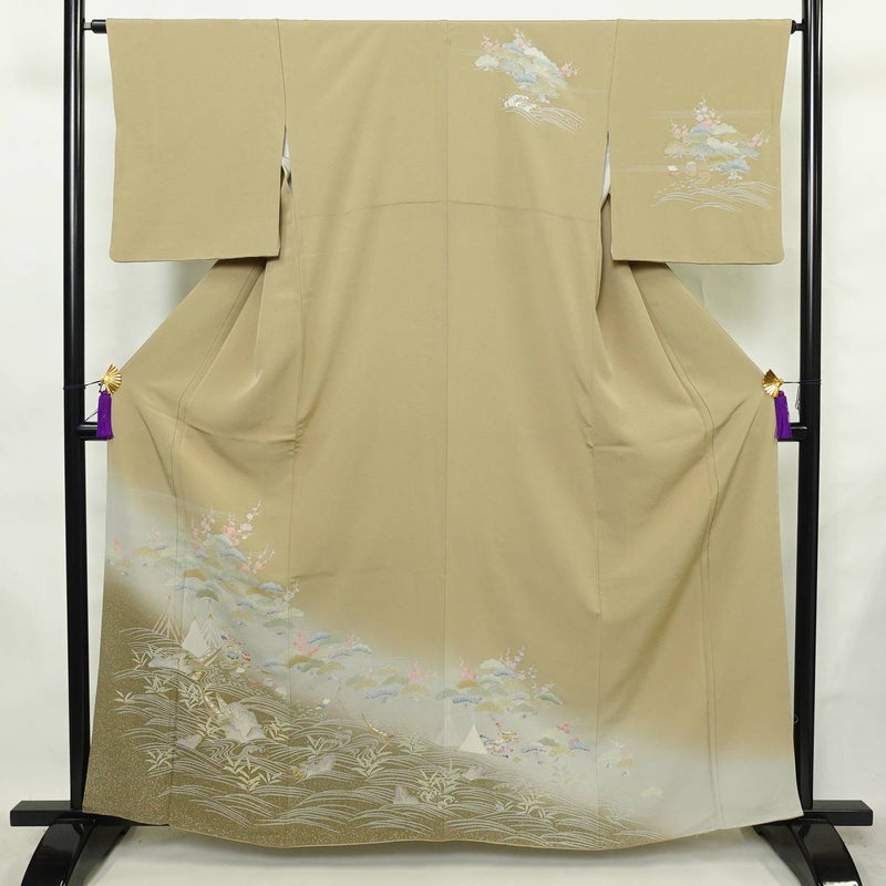 訪問着 一つ紋付き 正絹 古典柄 袷仕立て 身丈161.5cm 裄丈64.5cm リサイクル着物 着物 金彩 入学式 七五三 お宮参り フォーマル ベージュ_画像1