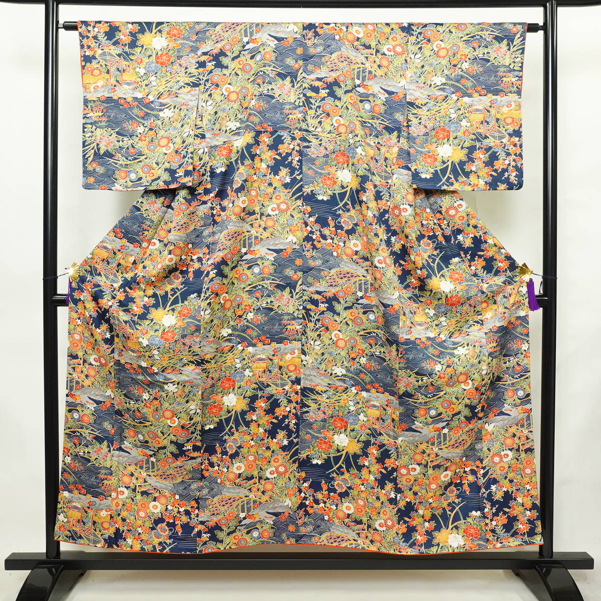 小紋 総柄 正絹 風景柄 袷仕立て 身丈153cm 裄丈64cm リサイクル着物 着物 青・紺_画像1