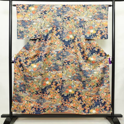 小紋 総柄 正絹 風景柄 袷仕立て 身丈153cm 裄丈64cm リサイクル着物 着物 青・紺