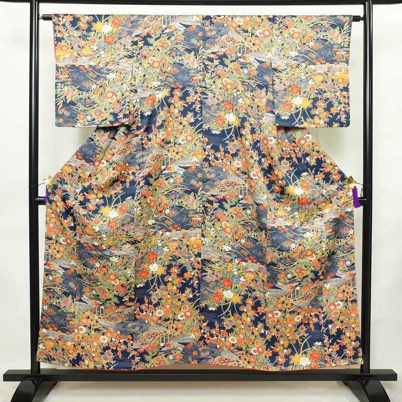 小紋 総柄 正絹 風景柄 袷仕立て 身丈153cm 裄丈64cm リサイクル着物 着物 青・紺_画像1