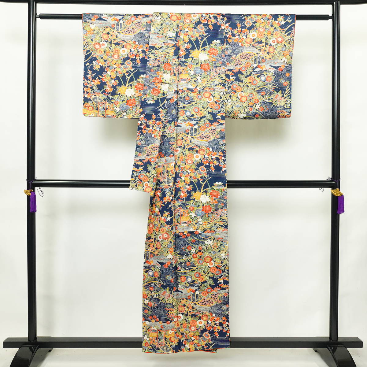 小紋 総柄 正絹 風景柄 袷仕立て 身丈153cm 裄丈64cm リサイクル着物 着物 青・紺_画像2