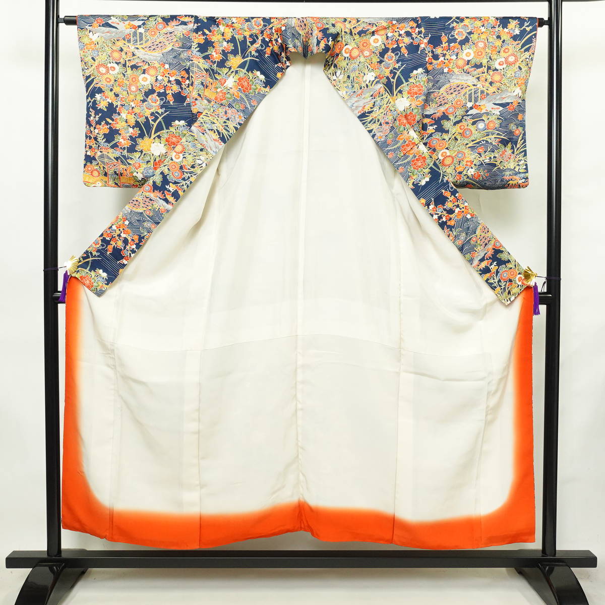 小紋 総柄 正絹 風景柄 袷仕立て 身丈153cm 裄丈64cm リサイクル着物 着物 青・紺_画像3