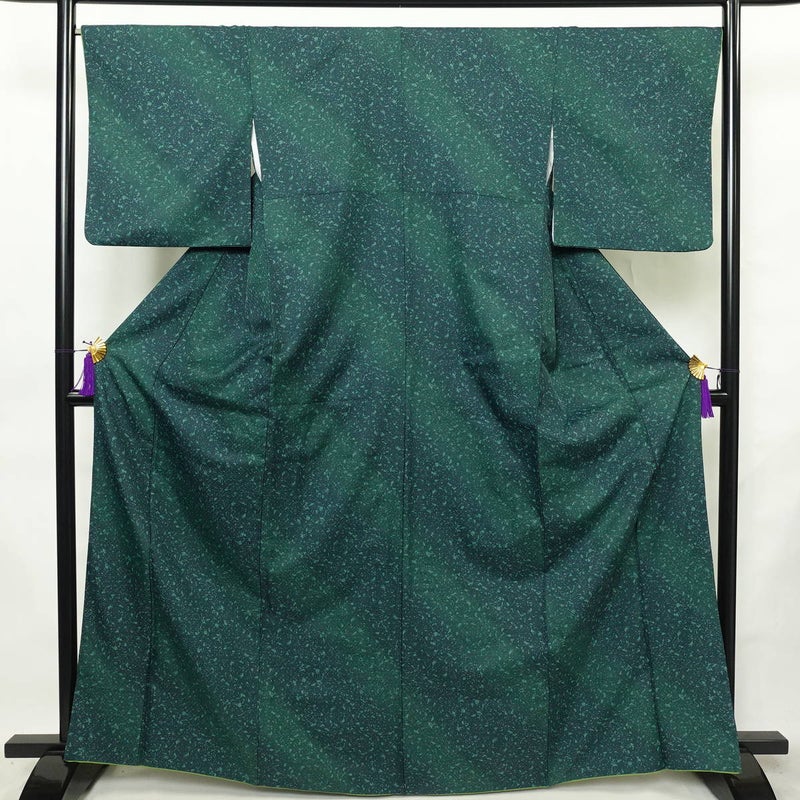 小紋 総柄 ポリエステル 縞柄・線柄 袷仕立て 身丈165.5cm 裄丈67.5cm リサイクル着物 着物 緑・うぐいす色_画像1