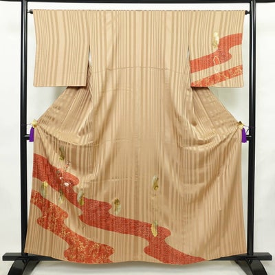 付け下げ 正絹 古典柄 袷仕立て 身丈159.5cm 裄丈65.5cm リサイクル着物 着物 刺繍 箔 金彩 入学式 七五三 お宮参り フォーマル 茶