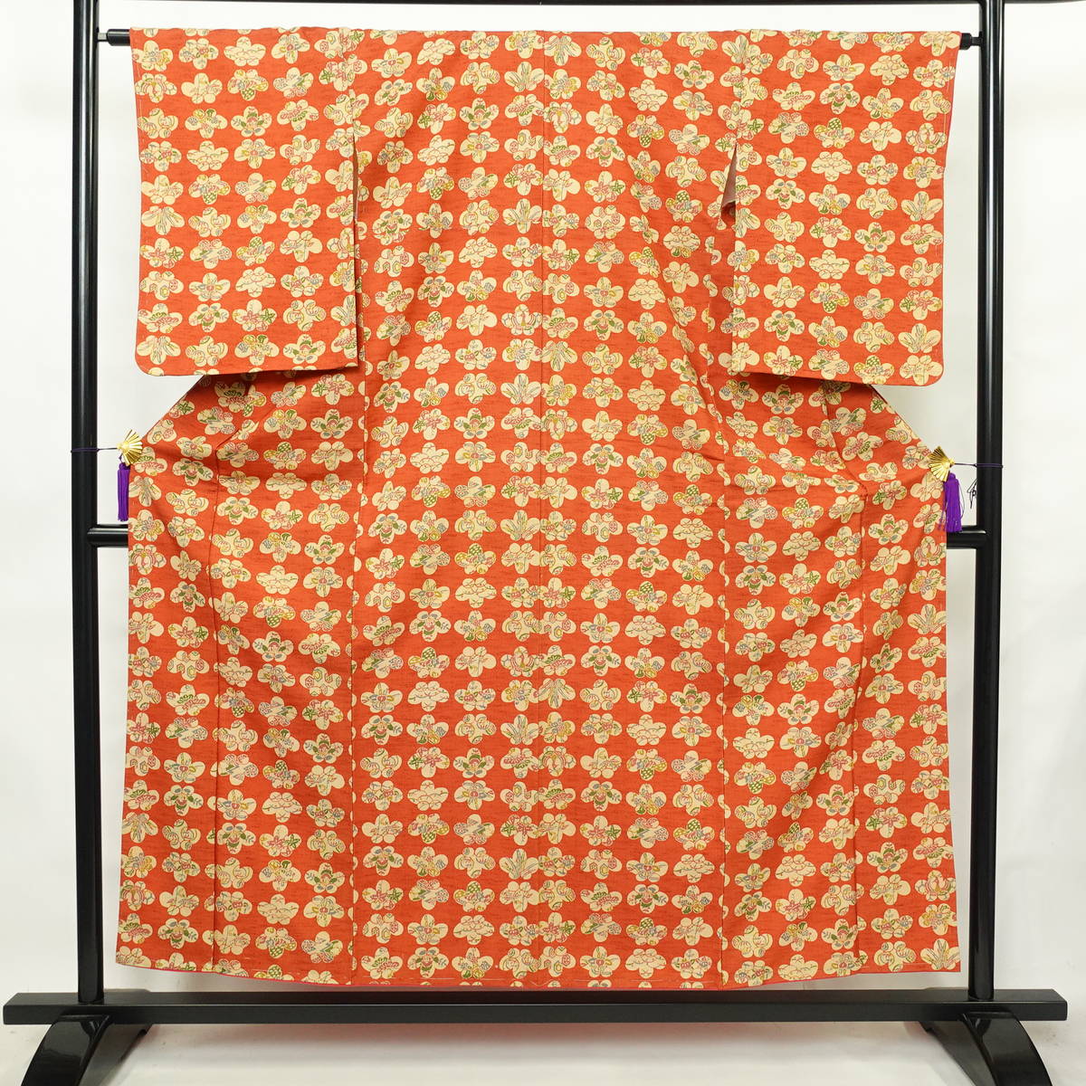 小紋 しつけ糸付き 混紡 古典柄 袷仕立て 身丈155cm 裄丈63.5cm リサイクル着物 着物 紬地 橙_画像1