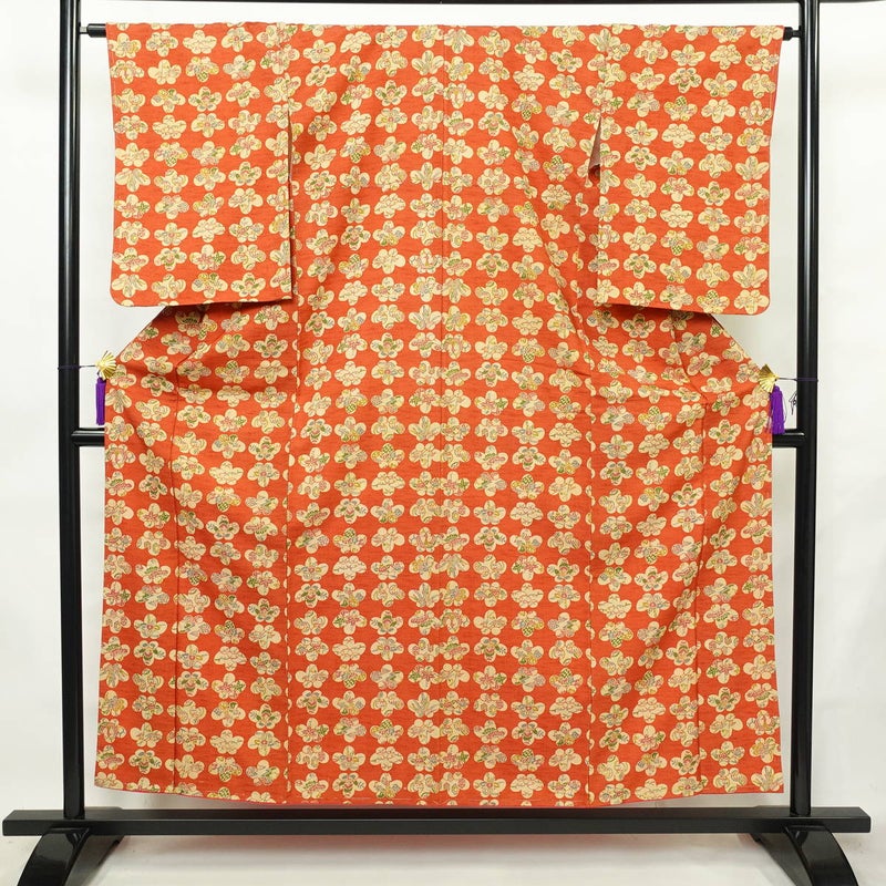 小紋 しつけ糸付き 混紡 古典柄 袷仕立て 身丈155cm 裄丈63.5cm リサイクル着物 着物 紬地 橙_画像1