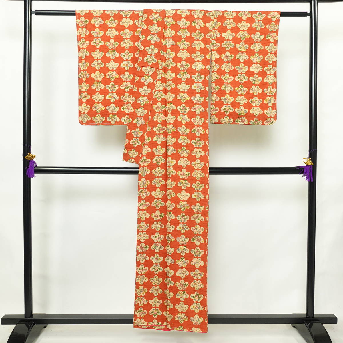 小紋 しつけ糸付き 混紡 古典柄 袷仕立て 身丈155cm 裄丈63.5cm リサイクル着物 着物 紬地 橙_画像2