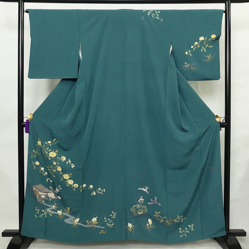 訪問着 落款入り 正絹 風景柄 袷仕立て 身丈160cm 裄丈65cm リサイクル着物 着物 緑・うぐいす色_画像1