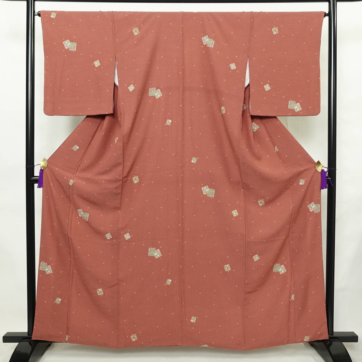 小紋 総柄 ポリエステル 古典柄 袷仕立て 身丈161.5cm 裄丈66cm リサイクル着物 着物 茶_画像1