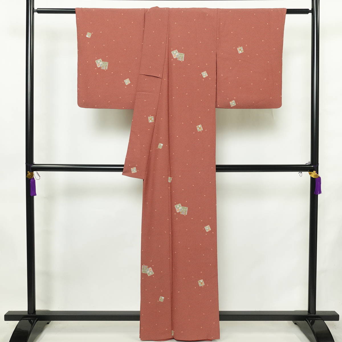 小紋 総柄 ポリエステル 古典柄 袷仕立て 身丈161.5cm 裄丈66cm リサイクル着物 着物 茶_画像2