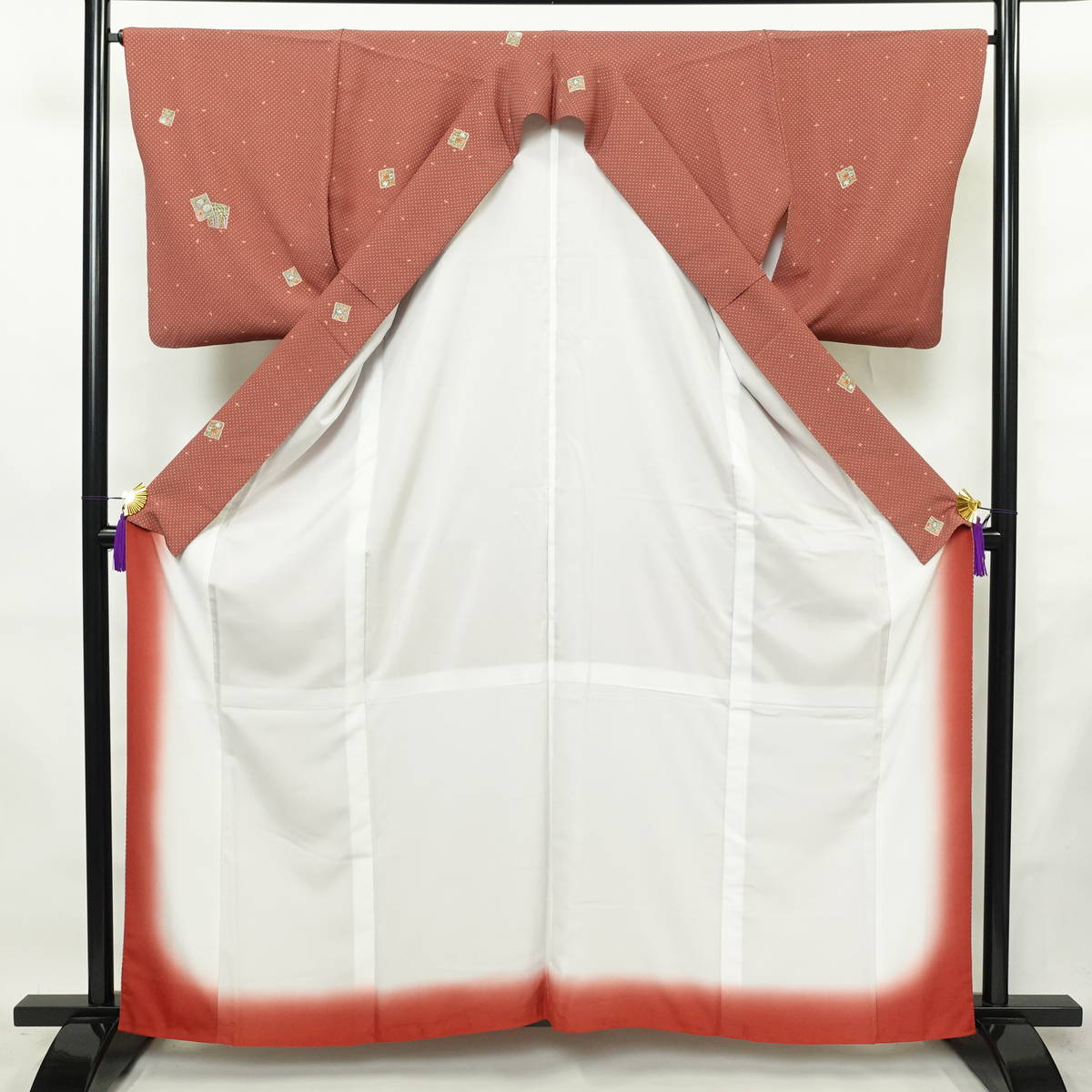 小紋 総柄 ポリエステル 古典柄 袷仕立て 身丈161.5cm 裄丈66cm リサイクル着物 着物 茶_画像3
