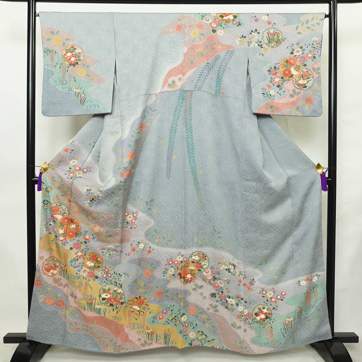訪問着 正絹 古典柄 袷仕立て 身丈161cm 裄丈65.5cm リサイクル着物 着物 箔 金彩 入学式 卒業式 結婚式 七五三 お宮参り フォーマル 青・紺_画像1