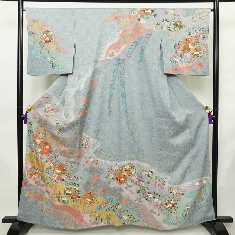 訪問着 正絹 古典柄 袷仕立て 身丈161cm 裄丈65.5cm リサイクル着物 着物 箔 金彩 入学式 卒業式 結婚式 七五三 お宮参り フォーマル 青・紺_画像1
