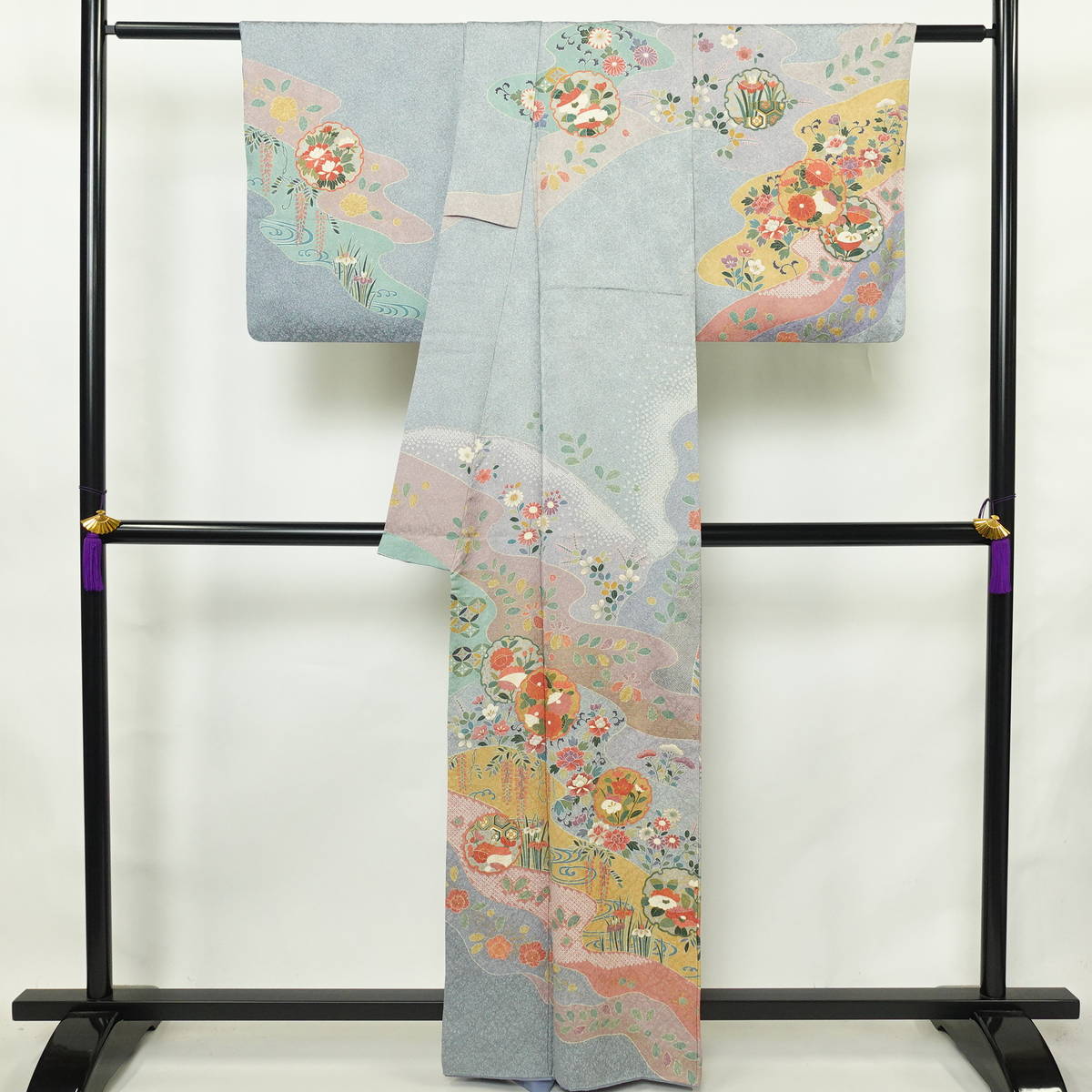 訪問着 正絹 古典柄 袷仕立て 身丈161cm 裄丈65.5cm リサイクル着物 着物 箔 金彩 入学式 卒業式 結婚式 七五三 お宮参り フォーマル 青・紺_画像2