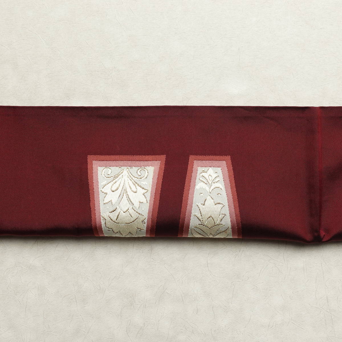 名古屋帯 太鼓柄 正絹 木の葉・植物柄 通し仕立て なごや帯 リサイクル帯 帯 金糸 小豆・エンジ_画像14
