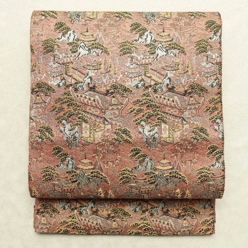 名古屋帯 全通柄 良品 正絹 風景柄 通し仕立て なごや帯 リサイクル帯 帯 ピンク_画像1