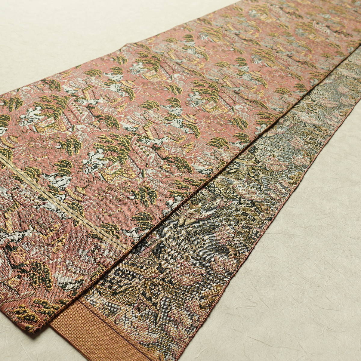 名古屋帯 全通柄 良品 正絹 風景柄 通し仕立て なごや帯 リサイクル帯 帯 ピンク_画像10