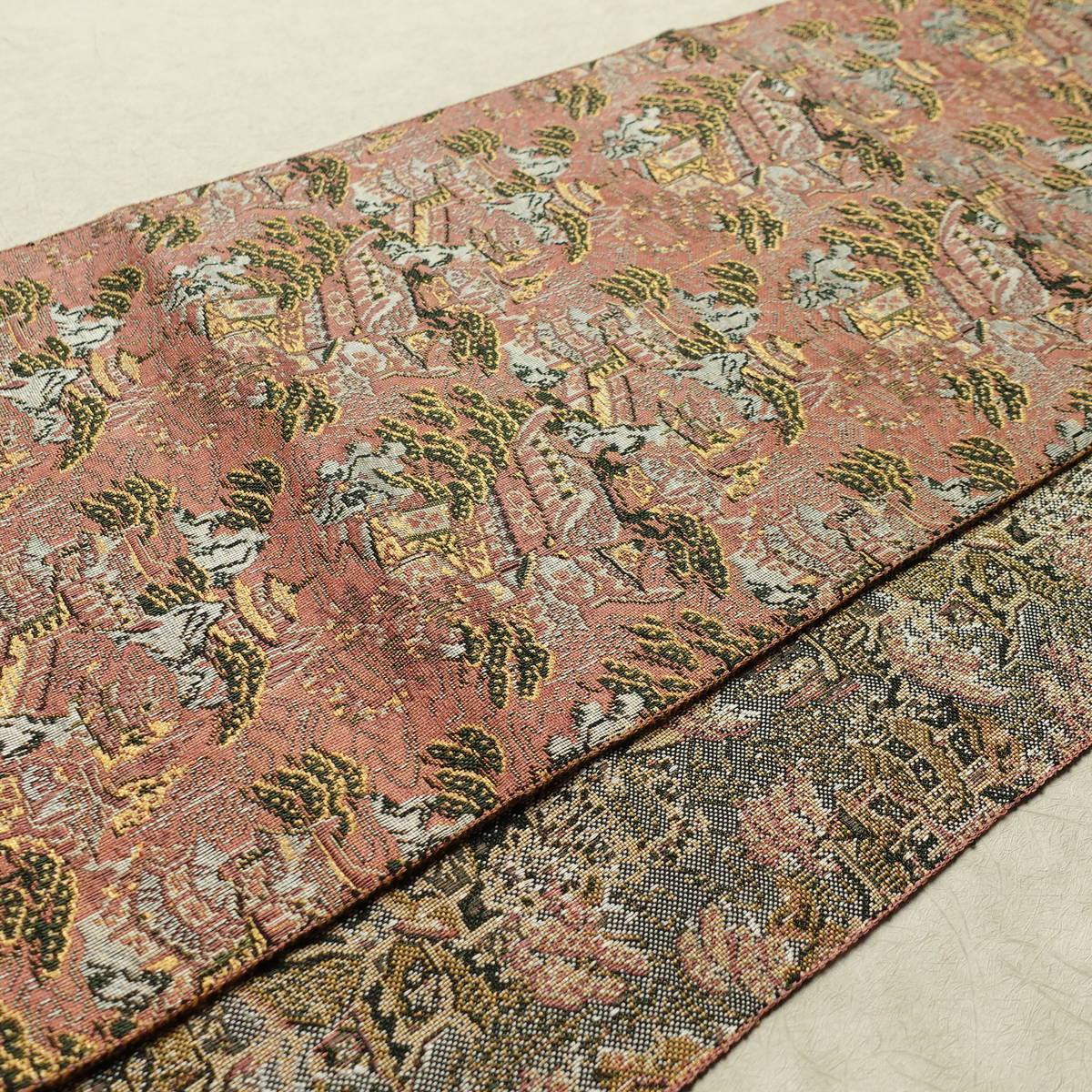 名古屋帯 全通柄 良品 正絹 風景柄 通し仕立て なごや帯 リサイクル帯 帯 ピンク_画像13
