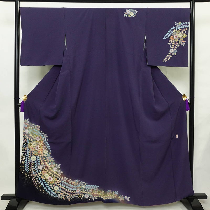 付け下げ　辻が花 翠山工房 落款入り 正絹 花柄 袷仕立て 身丈160.5cm 裄丈69cm リサイクル着物 着物 金彩 入学式 七五三 お宮参り フォーマル 紫・藤色_画像1
