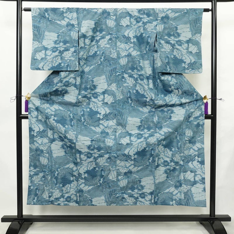 単衣 紬 正絹 花柄 単衣仕立て 身丈153cm 裄丈62.5cm リサイクル着物 着物 青・紺_画像1