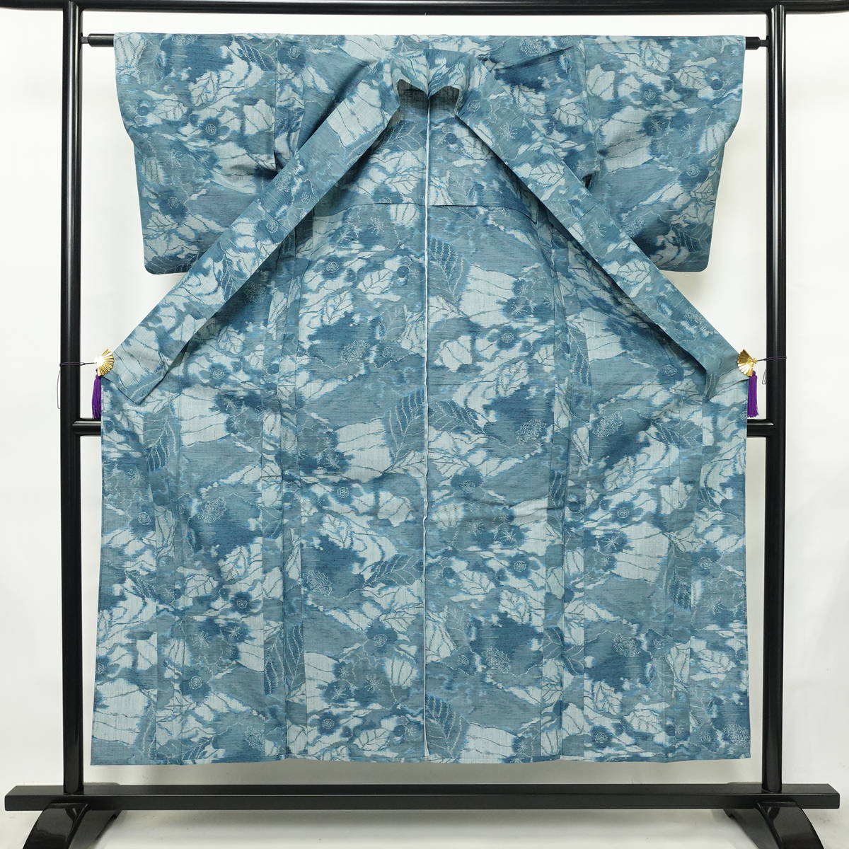 単衣 紬 正絹 花柄 単衣仕立て 身丈153cm 裄丈62.5cm リサイクル着物 着物 青・紺_画像4