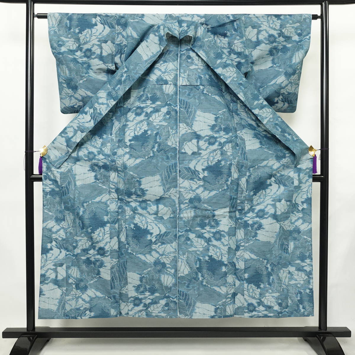 単衣 紬 正絹 花柄 単衣仕立て 身丈153cm 裄丈62.5cm リサイクル着物 着物 青・紺_画像5