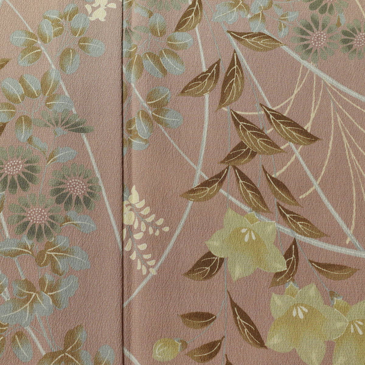 単衣 小紋 良品 ポリエステル 木の葉・植物柄 単衣仕立て 身丈168.5cm 裄丈67cm リサイクル着物 着物 ベージュ_画像6