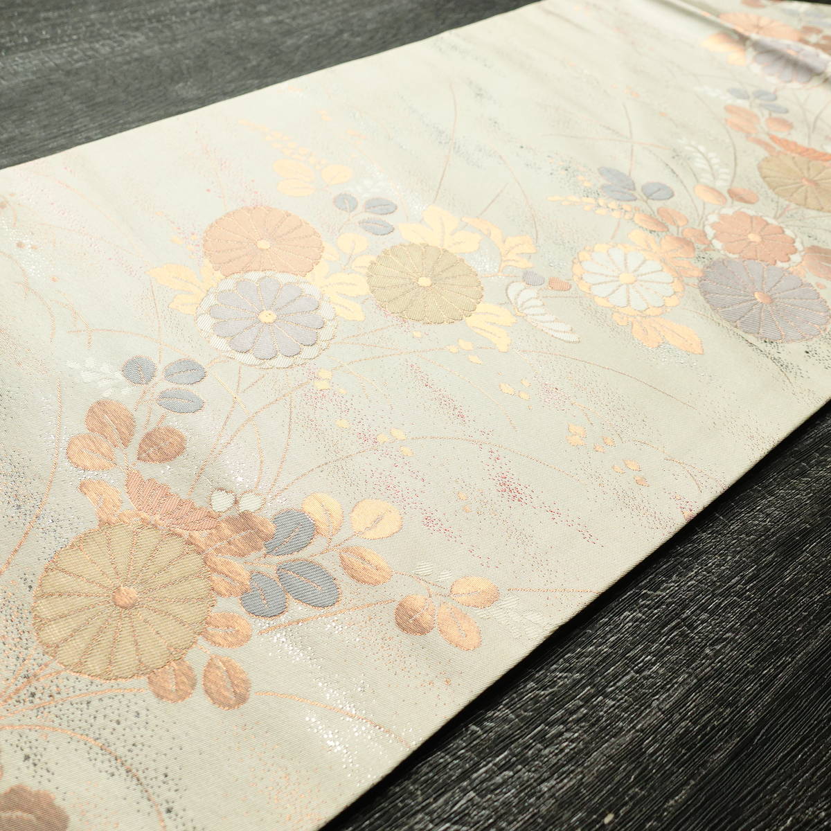 名古屋帯 六通柄 良品 正絹 花柄 名古屋仕立て なごや帯 リサイクル帯 帯 箔 菊 ベージュ_画像14