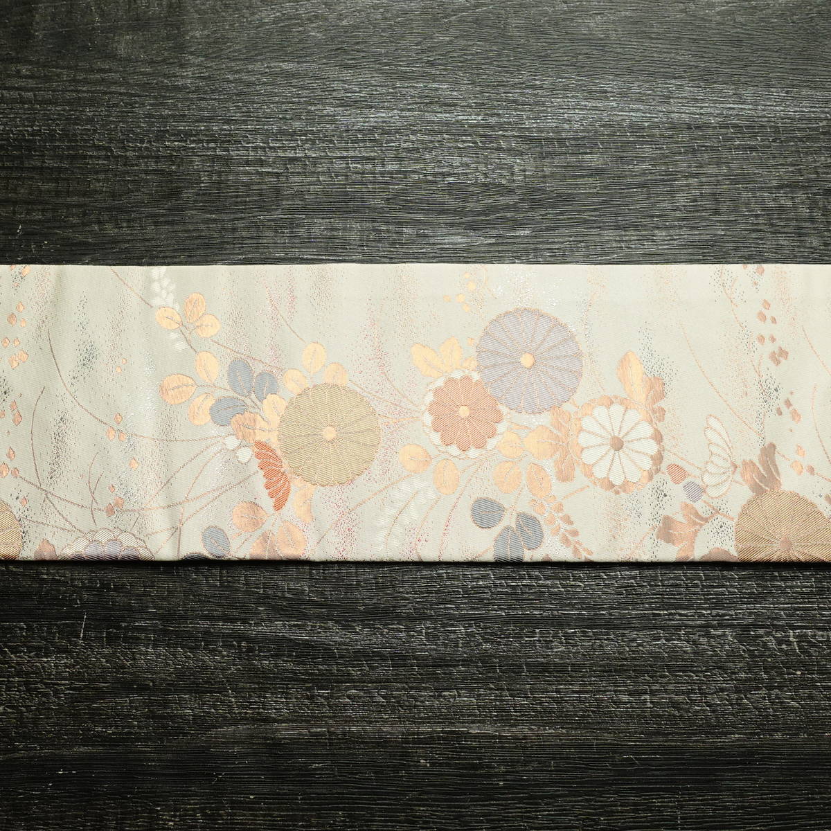 名古屋帯 六通柄 良品 正絹 花柄 名古屋仕立て なごや帯 リサイクル帯 帯 箔 菊 ベージュ_画像17
