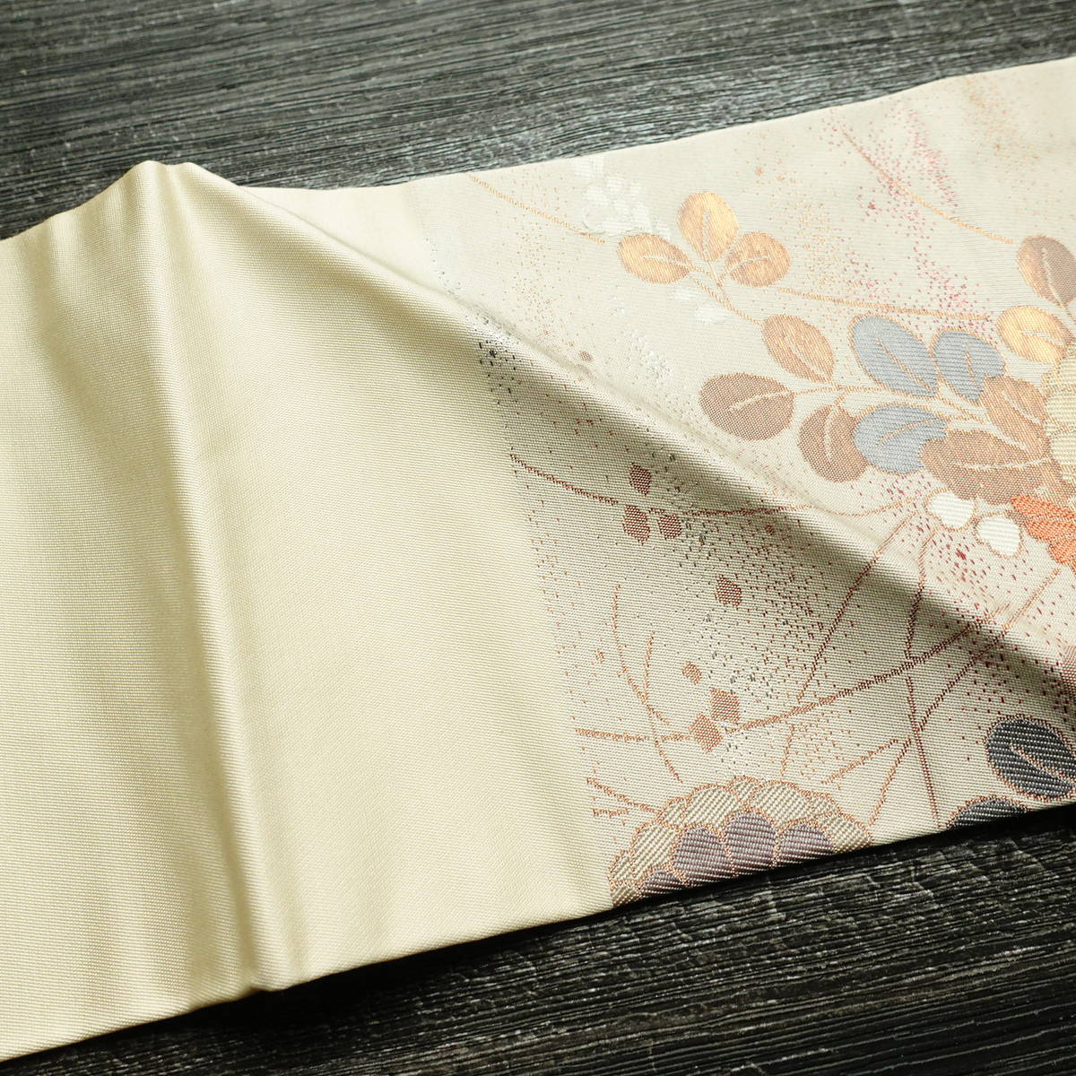 名古屋帯 六通柄 良品 正絹 花柄 名古屋仕立て なごや帯 リサイクル帯 帯 箔 菊 ベージュ_画像18