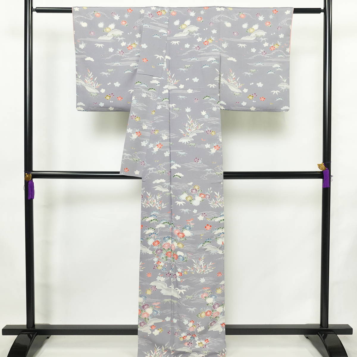 小紋 縮緬 付下小紋 正絹 木の葉・植物柄 袷仕立て 身丈167cm 裄丈66cm リサイクル着物 着物 紫・藤色_画像2