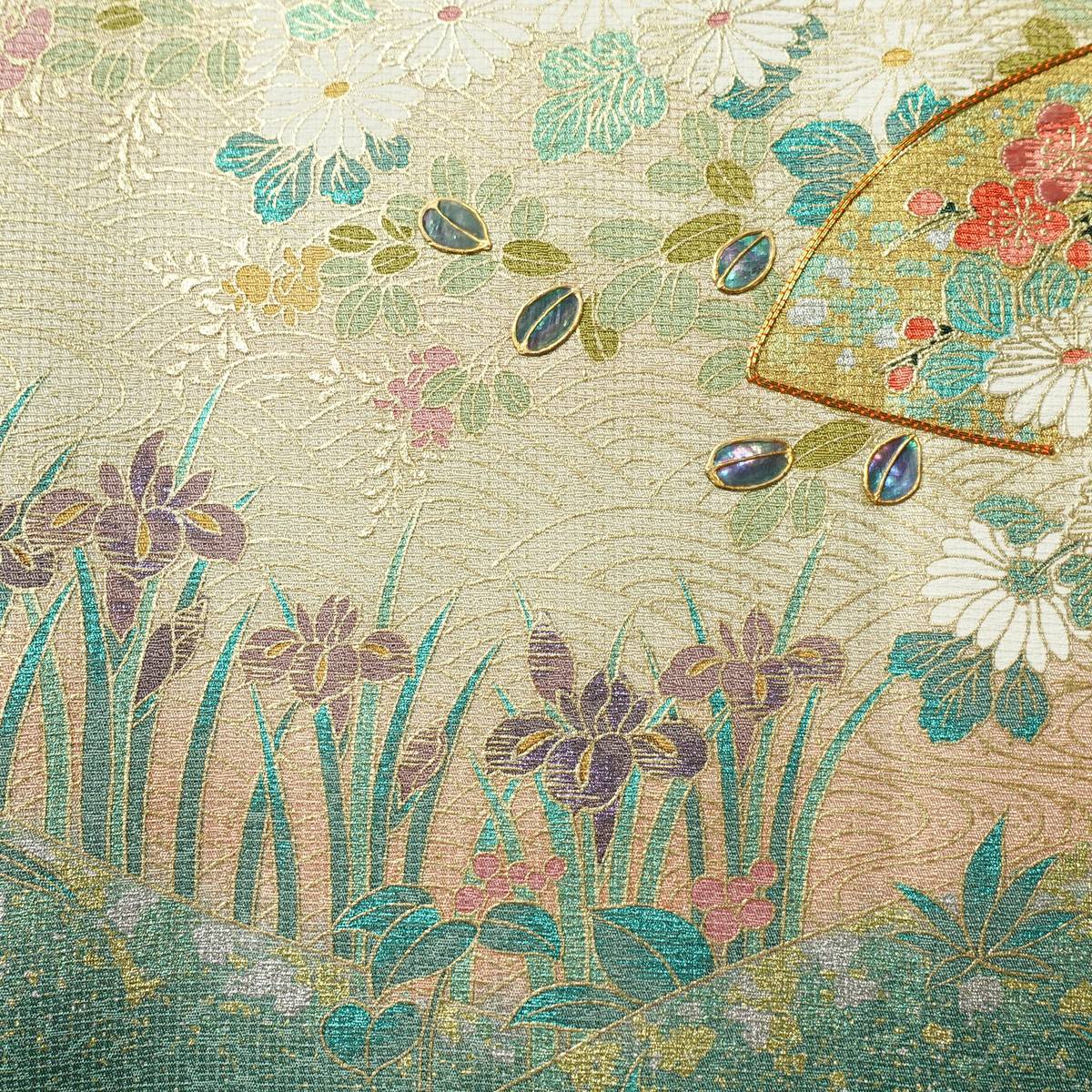 訪問着 良品 金駒刺繍 綸子 正絹 木の葉・植物柄 袷仕立て 身丈149.5cm 裄丈61.5cm リサイクル着物 着物 刺繍 箔 共八掛 金彩 入学式 卒業式 結婚式 七五三 お宮参り フォーマル 四季花 緑・うぐいす色_画像13