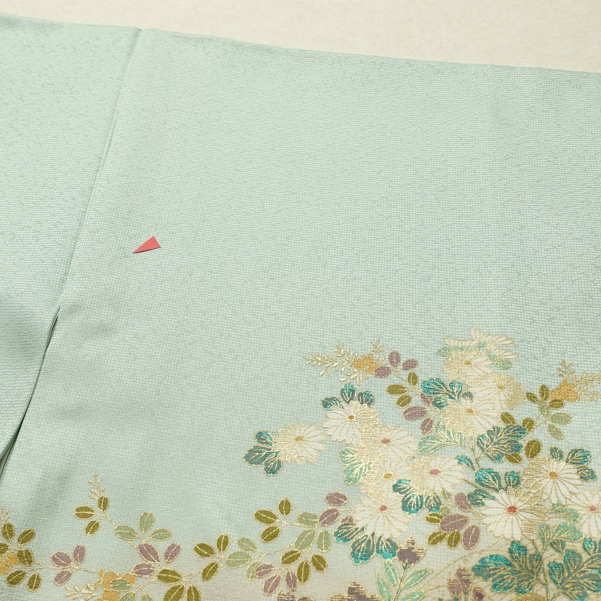 訪問着 良品 金駒刺繍 綸子 正絹 木の葉・植物柄 袷仕立て 身丈149.5cm 裄丈61.5cm リサイクル着物 着物 刺繍 箔 共八掛 金彩 入学式 卒業式 結婚式 七五三 お宮参り フォーマル 四季花 緑・うぐいす色_画像28