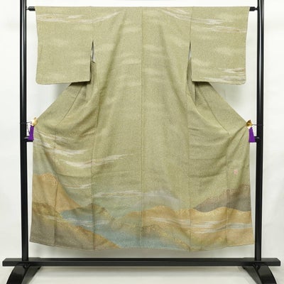 訪問着 良品 落款入り しつけ糸付き 正絹 風景柄 袷仕立て 身丈150.5cm 裄丈63cm リサイクル着物 着物 箔 入学式 卒業式 七五三 お宮参り フォーマル 緑・うぐいす色