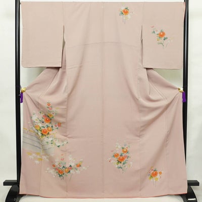 付け下げ 一つ紋付き 正絹 花柄 袷仕立て 身丈170cm 裄丈68.5cm リサイクル着物 着物 入学式 結婚式 七五三 お宮参り フォーマル くすみピンク ピンク