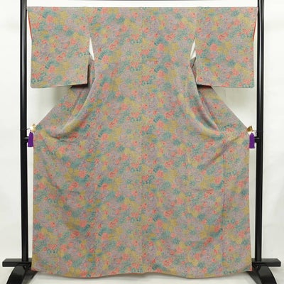 小紋 美品 縮緬 総柄 正絹 花柄 袷仕立て 身丈163cm 裄丈67cm リサイクル着物 着物 洒落 多色使い