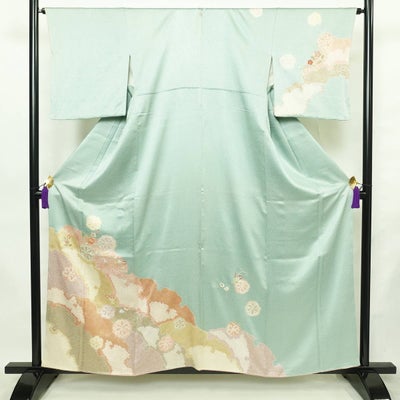 訪問着 美品 綸子 絞り 一つ紋付き 正絹 木の葉・植物柄 袷仕立て 身丈157.5cm 裄丈64cm リサイクル着物 一部しつけ糸付き 着物 刺繍 金彩 金糸 入学式 卒業式 結婚式 七五三 お宮参り フォーマル 青磁鼠 緑・うぐい