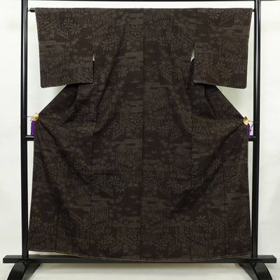 紬 結城玉紬 証紙あり しつけ糸付き 正絹 風景柄 袷仕立て 身丈158cm 裄丈64.5cm リサイクル着物 着物 茶