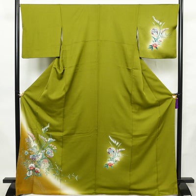 訪問着 正絹 花柄 袷仕立て 身丈170cm 裄丈68cm リサイクル着物 着物 金彩 入学式 結婚式 七五三 お宮参り フォーマル 黄・黄土色